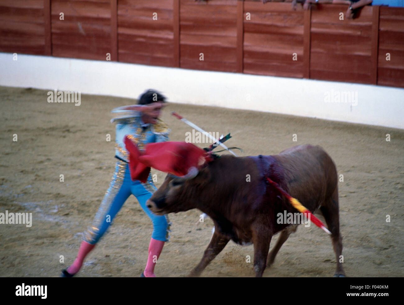 Il torero che uccide il toro con la spada (estoque), Aracena, Andalusia, Spagna. Foto Stock