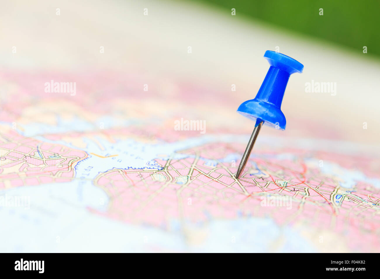 Destinazione di viaggio, blu pin sulla mappa Foto Stock