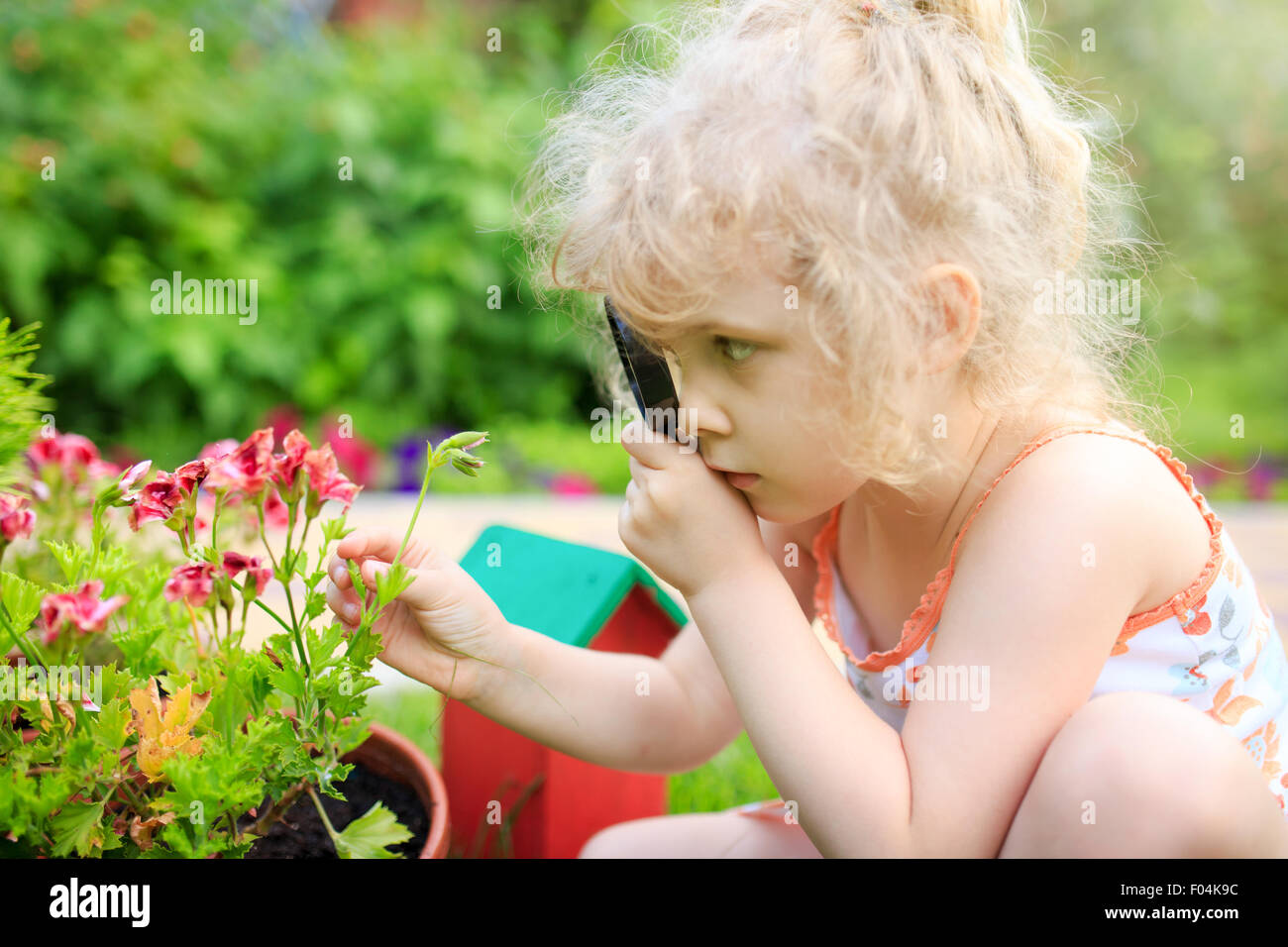 Bambina esplorando la natura con una lente di ingrandimento Foto Stock