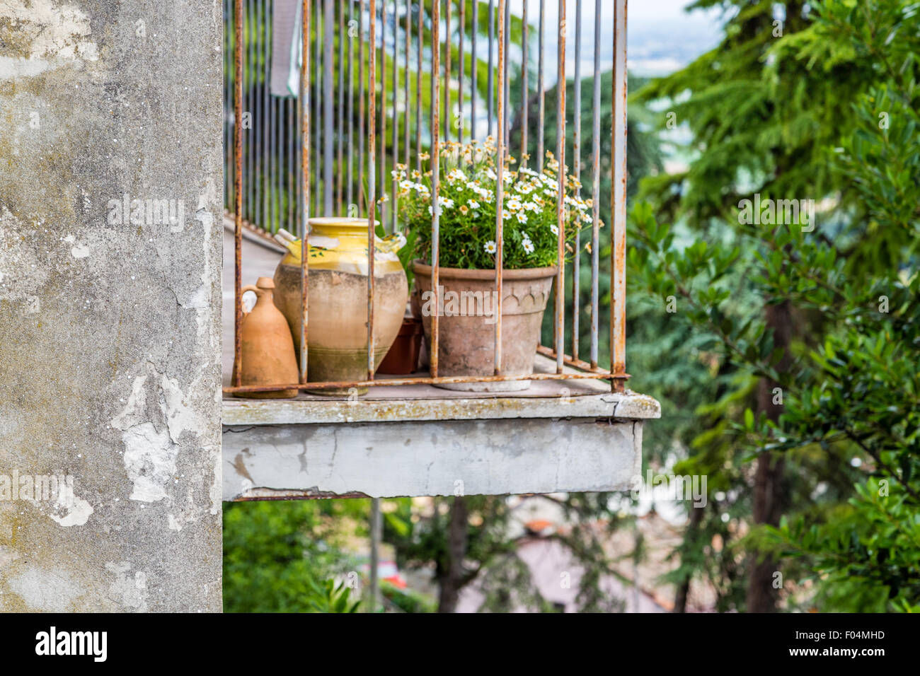 Vecchio sbriciolamento balcone con vasi di fiori e barre di ferro in Italia Foto Stock