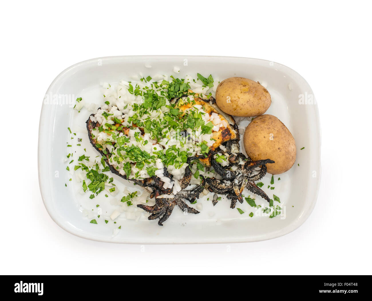 Calamari alla griglia con patate e cipolla tritata e prezzemolo Foto Stock