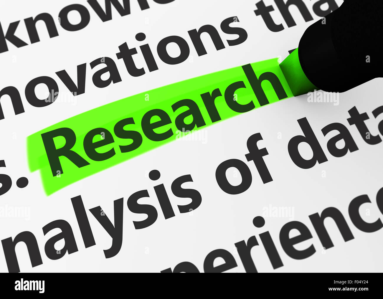 Concetto di ricerca con un 3D render di parole correlate e ricerca testo evidenziato con un pennarello verde. Foto Stock