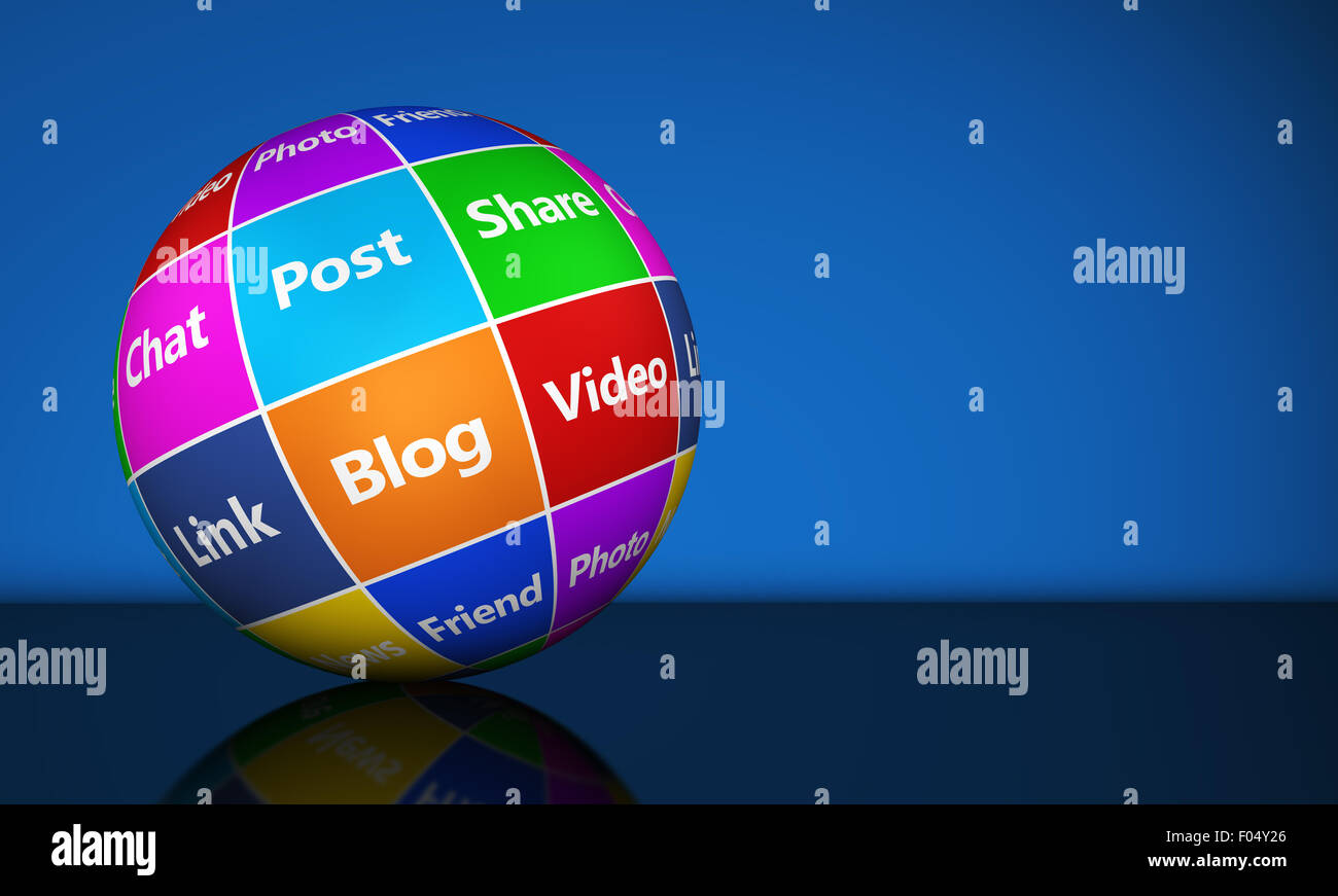 Social network e social media web concetto con parole e segni in un colorato mondo su sfondo blu con una copia dello spazio. Foto Stock