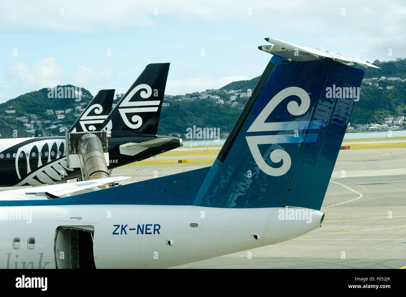 Aria Nuova Zelanda aeromobili all aeroporto di Wellington, Isola del nord, Nuova Zelanda Foto Stock