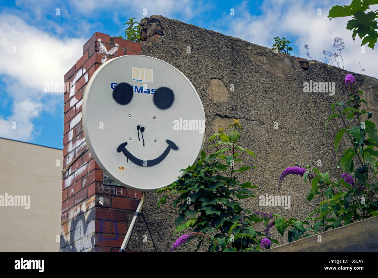 Una faccina sorridente dipinta su un ricevitore satellitare piatto. Foto Stock