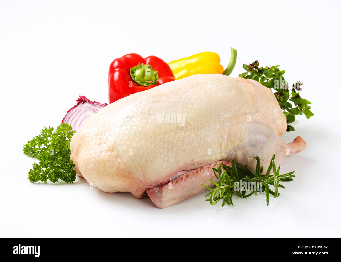 Studio shot di materie d'anatra, le verdure e le erbe aromatiche Foto Stock