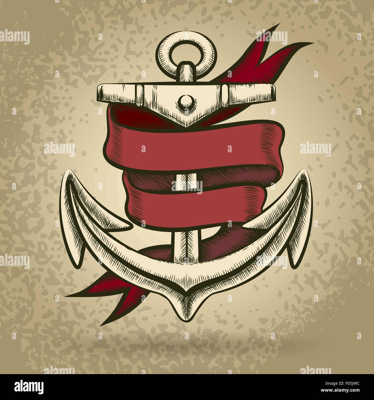 Disegnata a mano con ancoraggio nastro rosso. Stile di incisione. Illustrazione Vettoriale