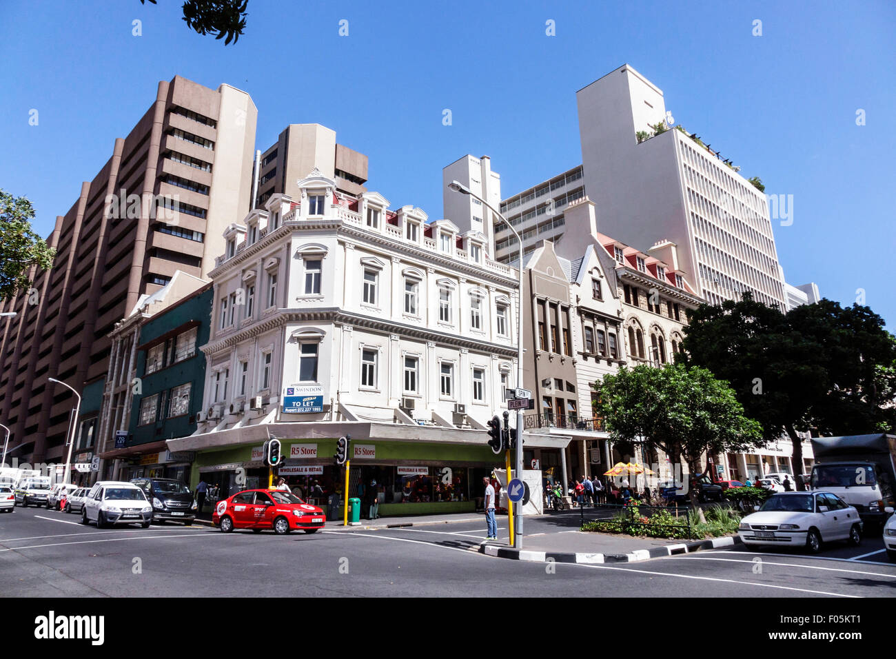 Città del Capo Sud Africa,Centro citta',centro,Plein Spin Street,skyline,edifici,traffico,SAfri150310011 Foto Stock