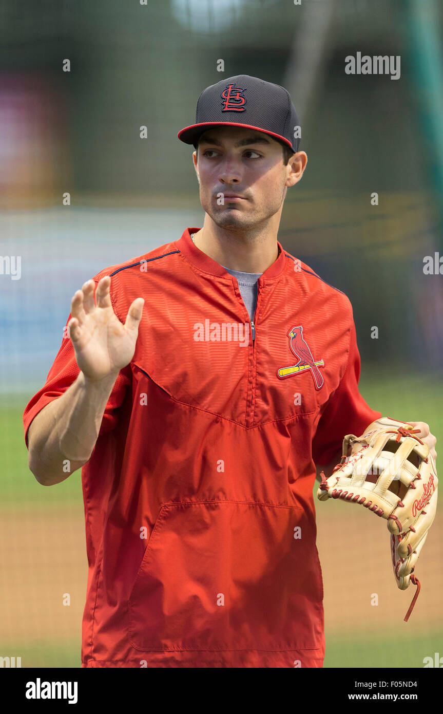 Milwaukee, WI, Stati Uniti d'America. 07 Ago, 2015. Louis Cardinals sinistra fielder Randal Grichuk #15 prima dell'inizio della Major League Baseball gioco tra il Milwaukee Brewers e St. Louis Cardinals a Miller Park di Milwaukee, WI. John Fisher/CSM/Alamy Live News Foto Stock