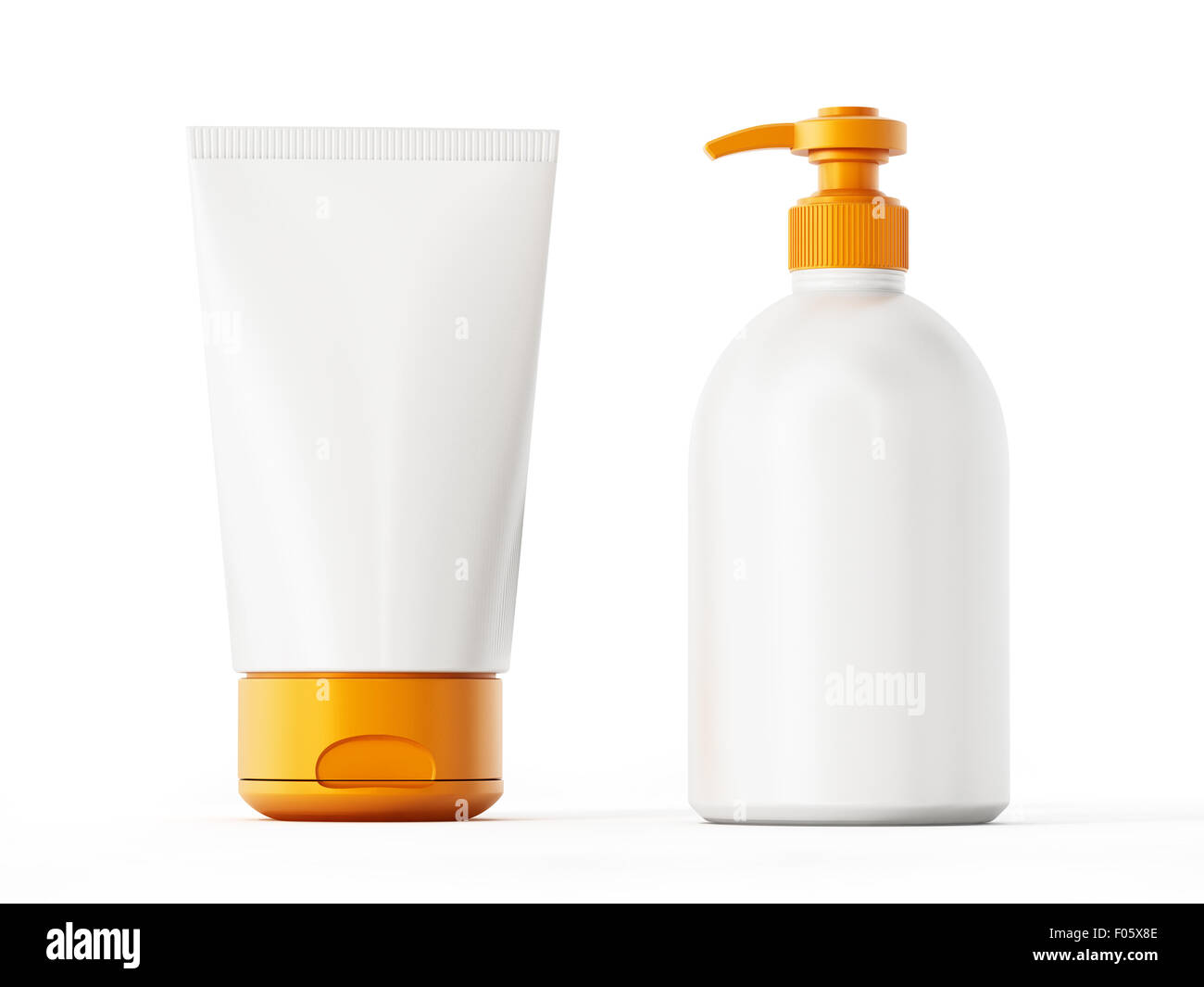 Creme solari in vari contenitori a forma di isolato su sfondo bianco Foto Stock