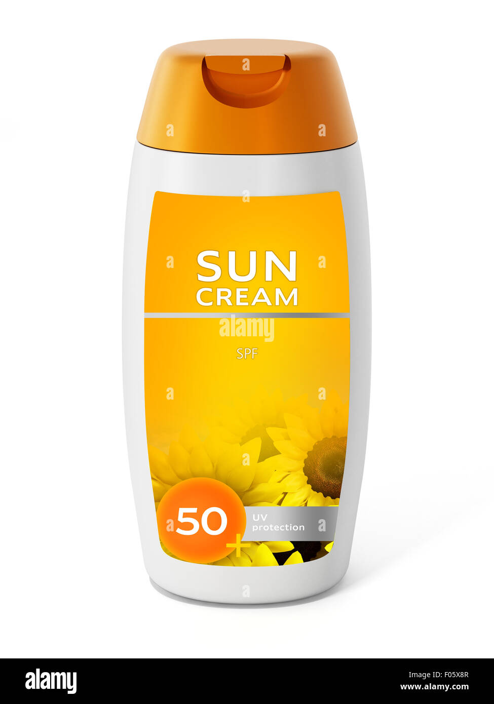 Creme solari in vari contenitori a forma di isolato su sfondo bianco Foto Stock