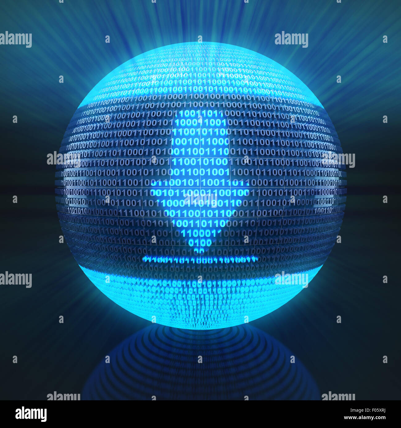 Icona di download sul globo terrestre formato da codice binario Foto Stock