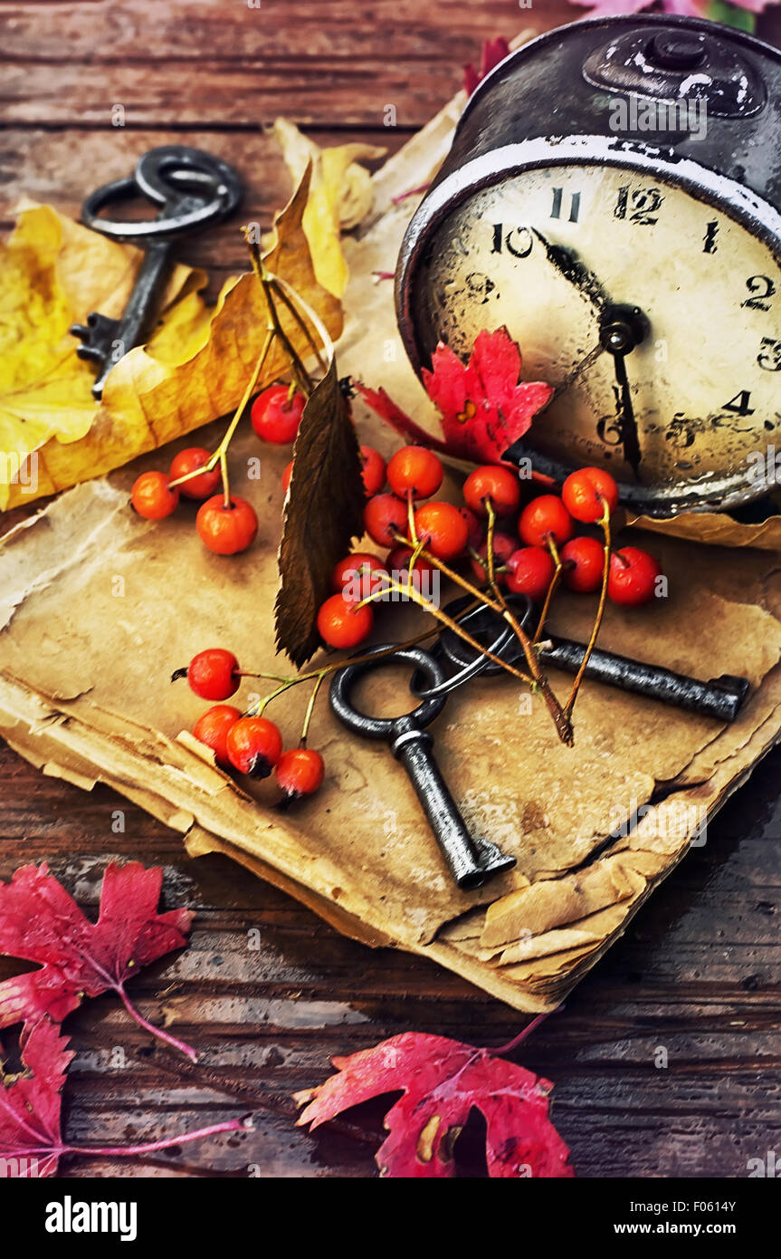 Diametro esterno del libro di clock e le chiavi sul tavolo umido cosparso di foglie di autunno.Foto oscurata. Foto Stock