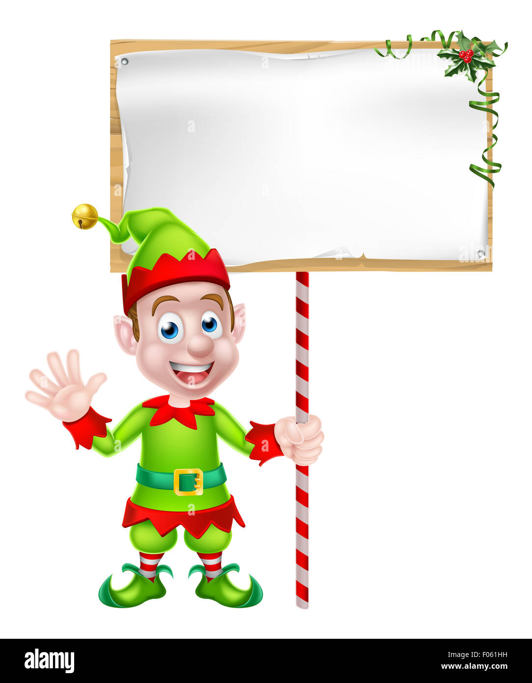 Cartoon Christmas Elf o Santa helper di Natale tenendo un cartello bianco Foto Stock