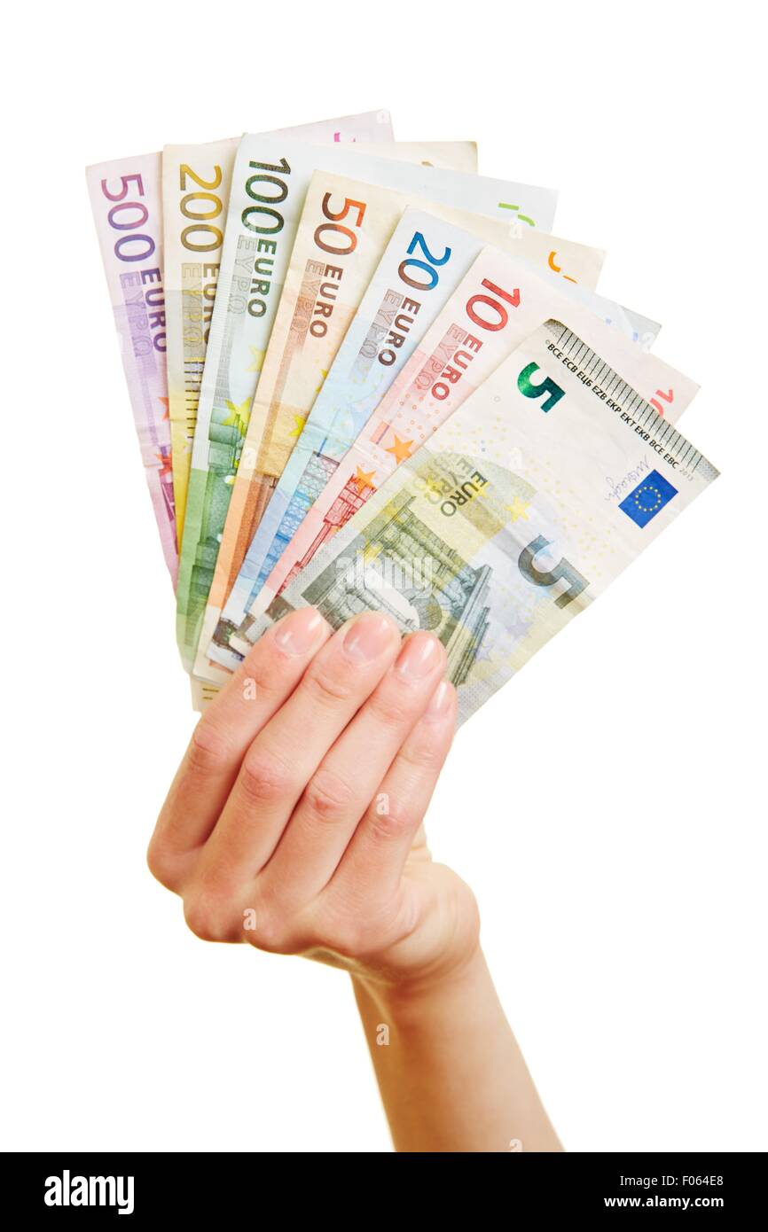 Mano di donna mantenendo la ventola del denaro Euro Bills Foto Stock