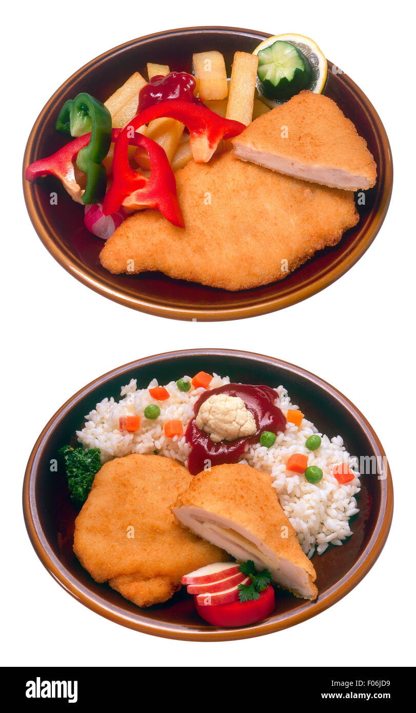 Pollo fritto menu con riso isolato su sfondo bianco Foto Stock