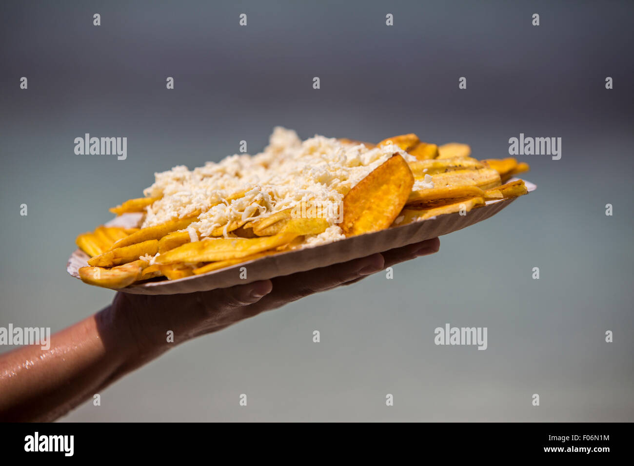 Chiudere fino a mano che regge un piatto di carta con Patacon e formaggio tipico fast food nel Venezuela. Foto Stock