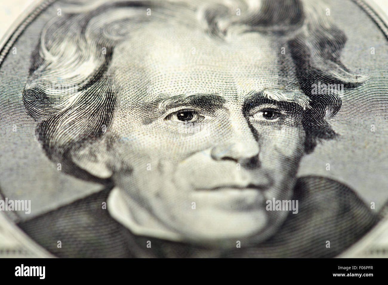 Presidente Andrew Jackson occhi macro estreme su di noi 20 dollaro, Stati Uniti denaro closeup Foto Stock
