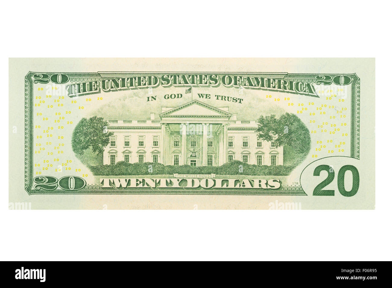 Venti americano US dollar nota su sfondo bianco Foto Stock