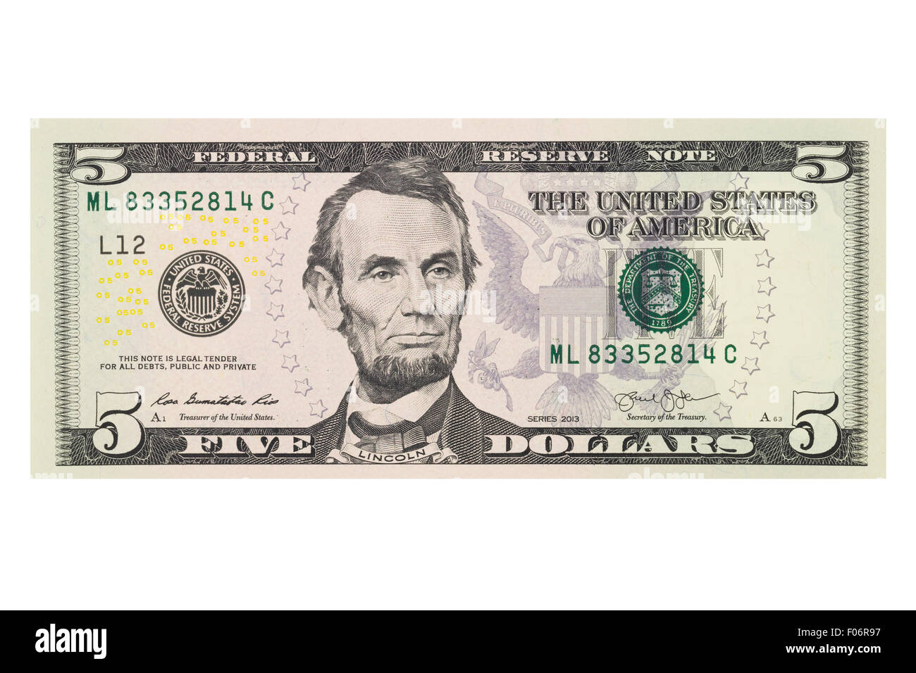 Cinque americano US dollar nota su sfondo bianco Foto Stock