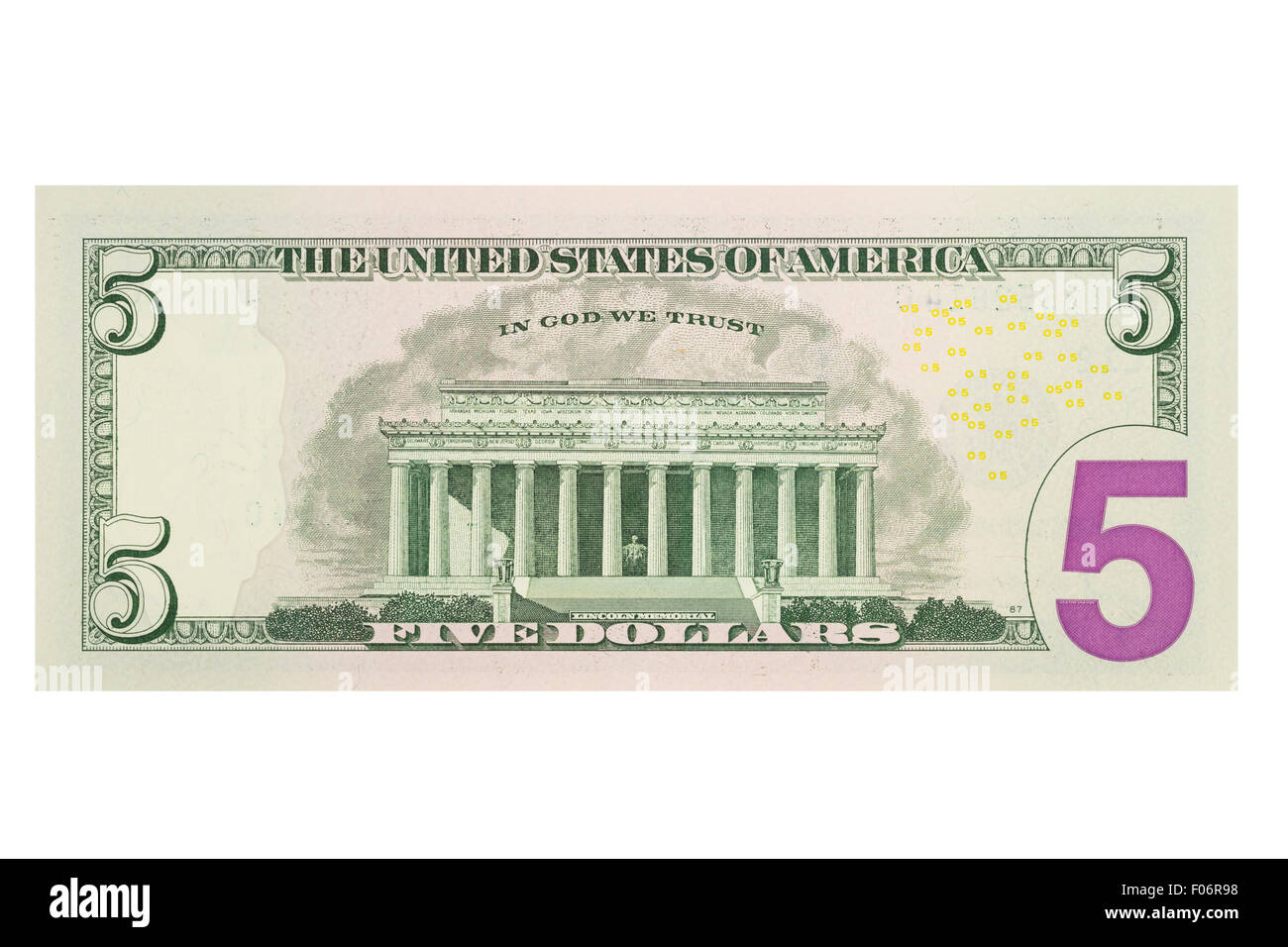 Cinque americano US dollar nota su sfondo bianco Foto Stock
