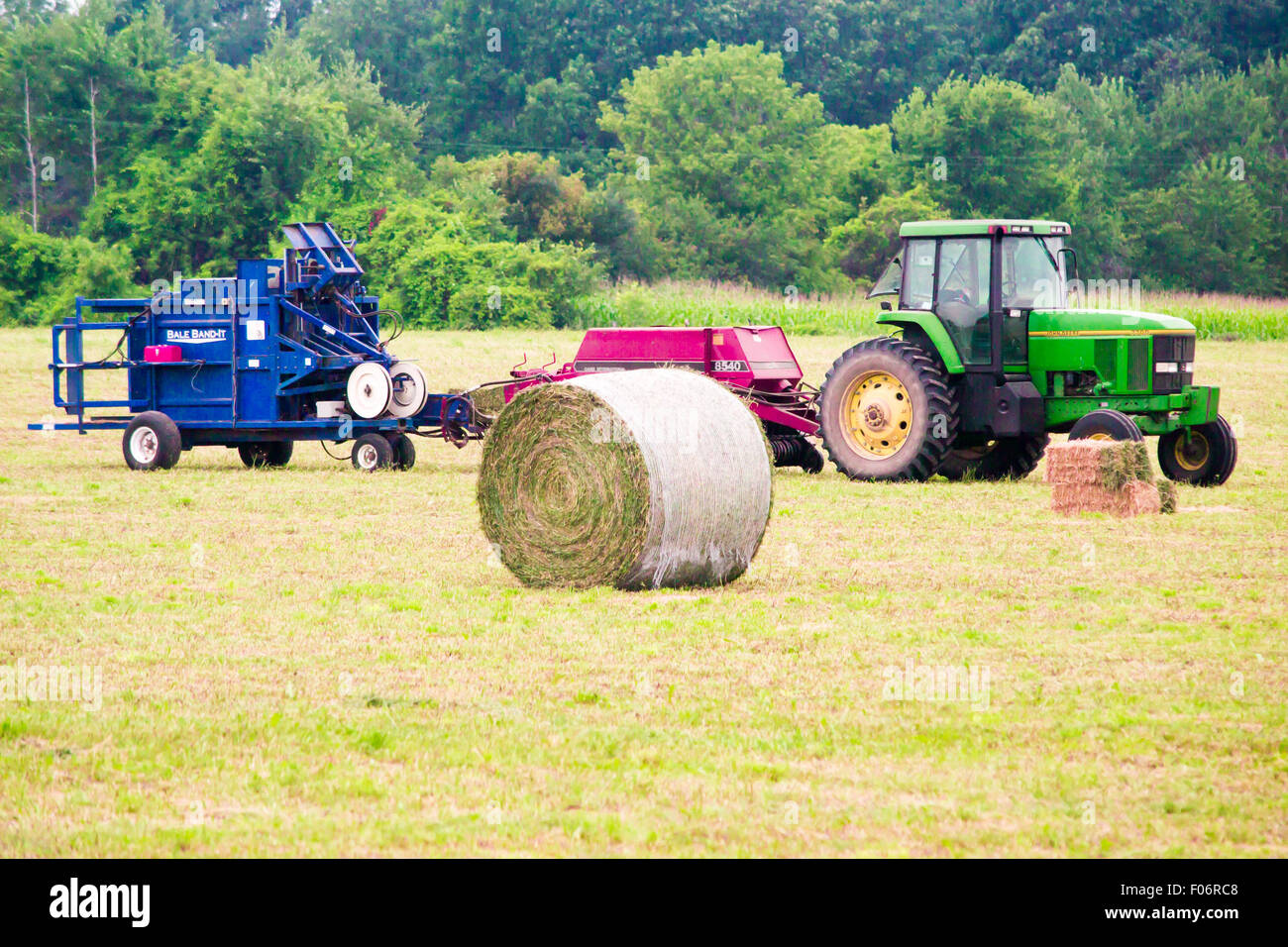 In estate il raccolto con il trattore e balle di fieno. Foto Stock