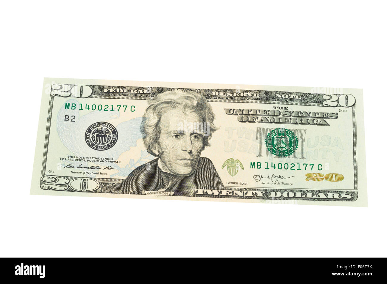 Venti americano US dollar nota su sfondo bianco Foto Stock