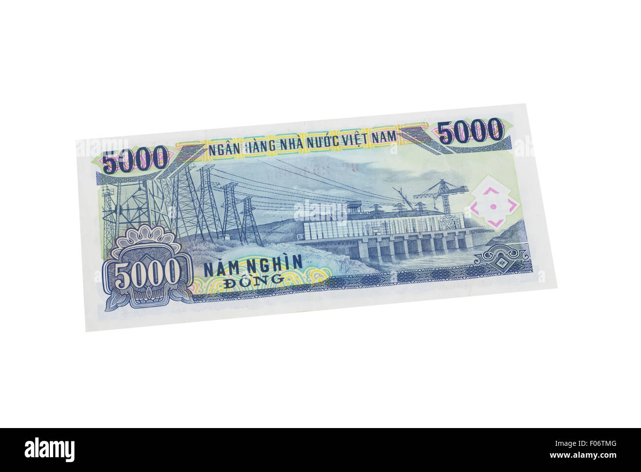 Cinque mila Dong vietnamita banconota su sfondo bianco Foto Stock