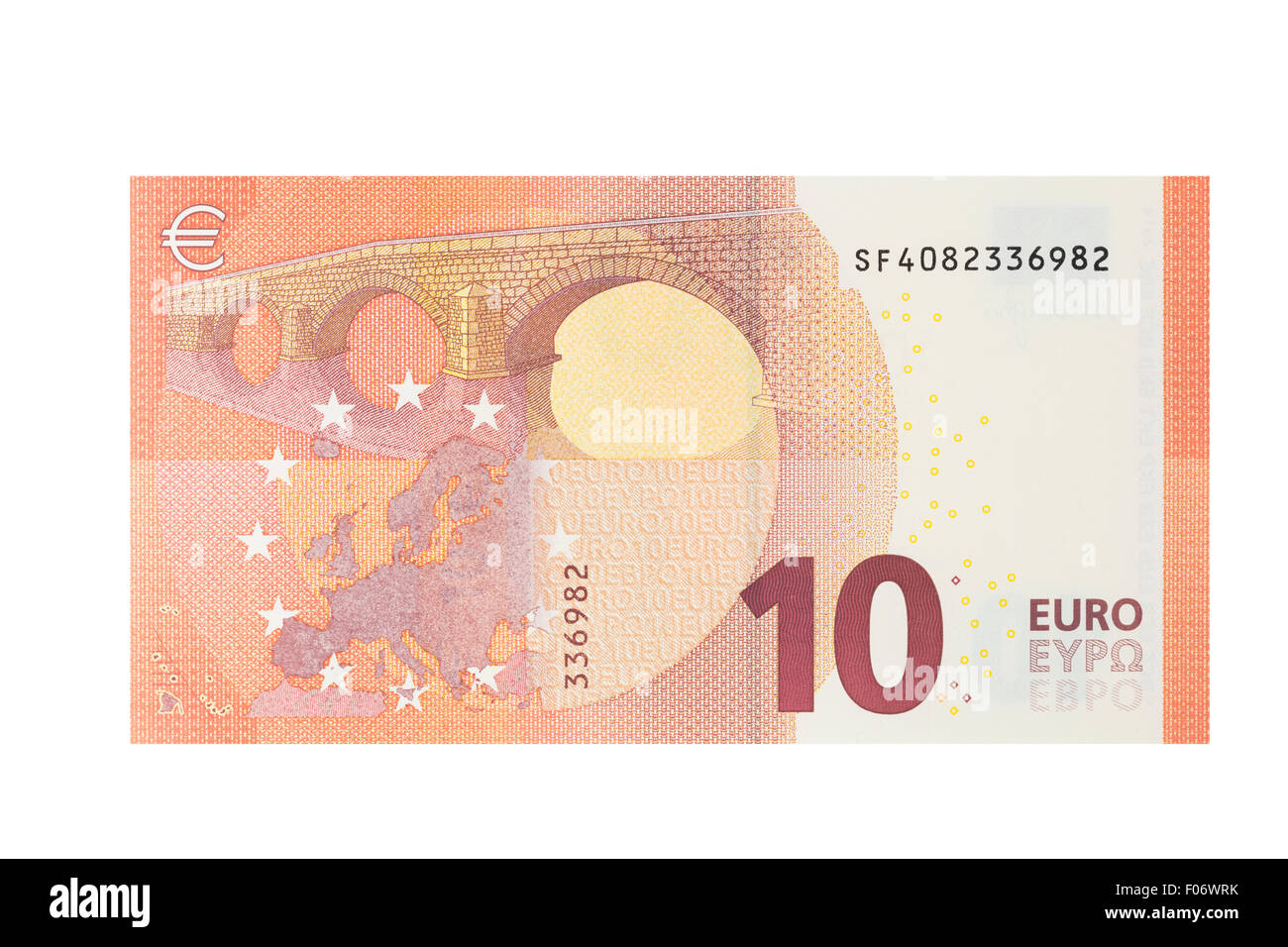 Dieci banconote in euro su sfondo bianco Foto Stock