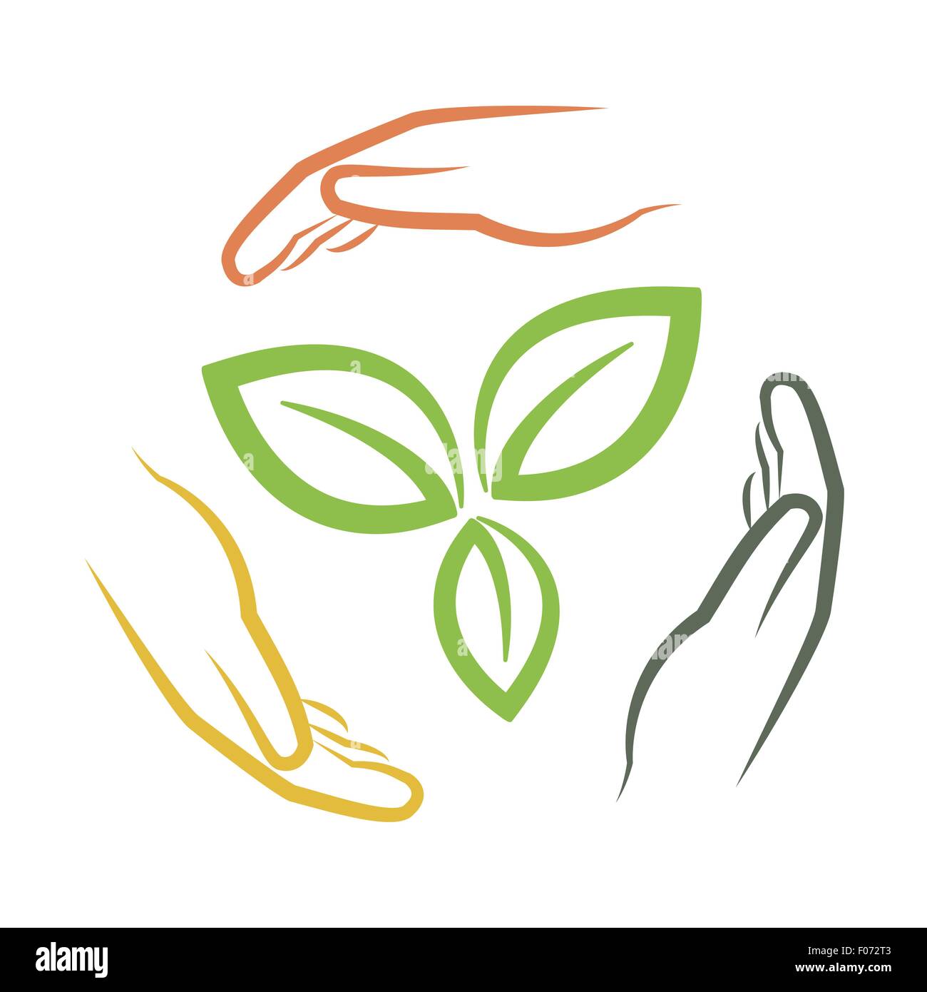 Le mani attorno a foglie verdi come multi nazionale il concetto di ambiente illustrazione vettoriale Illustrazione Vettoriale