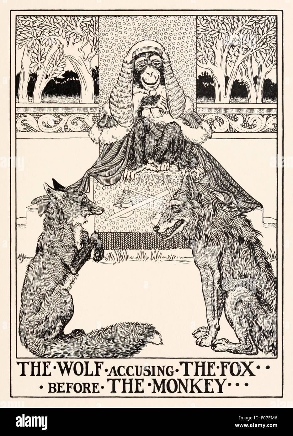 "Il lupo accusando il Fox prima di scimmia' favola di Esopo (circa 600BC). Un Ape sat come giudice tra una volpe, accusato di furto e Wolf, l'accusatore. Dopo la prova, l'Ape giudicato il lupo ha perso nulla ma la Fox ha rubato. Morale: il disonesto, se essi agiscono onestamente, non ottieni credito. Illustrazione di Percy J. Billinghurst. Vedere la descrizione per maggiori informazioni. Foto Stock