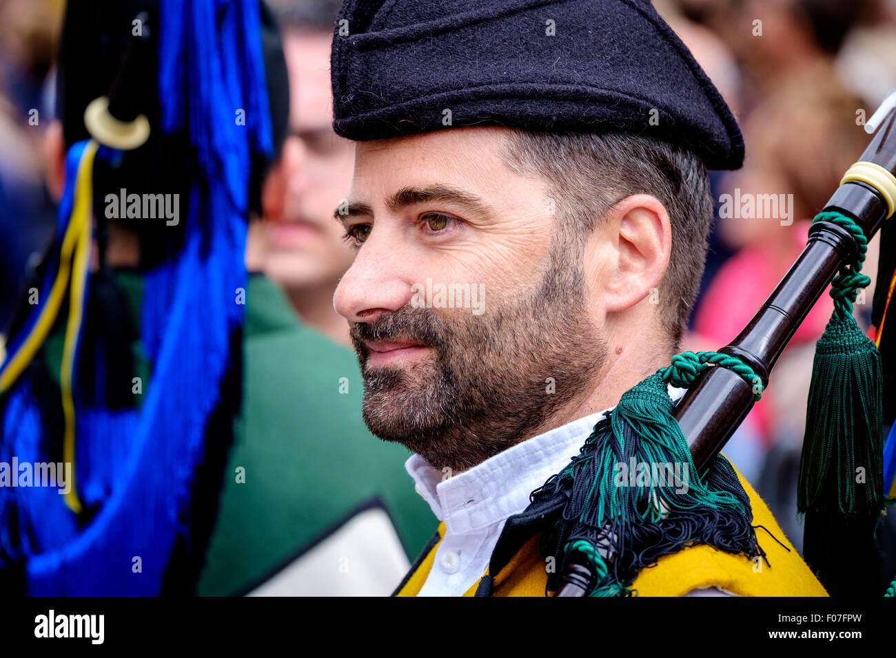 Un Piper da Banda De Gaitas Resping da Madrid, Spagna a Pipefest 2015 a Edimburgo in Scozia Foto Stock