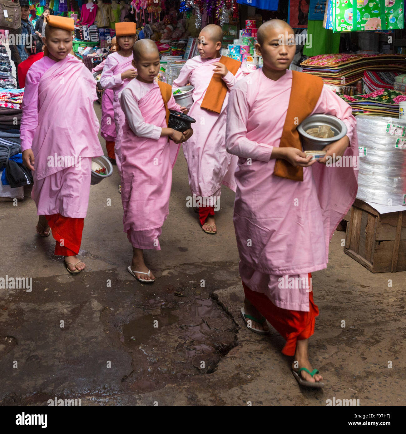 Le monache buddisti cercano alms al mercato nella storica Pyin Oo Lwin città sulla collina vicino a Mandalay in Myanmar Foto Stock