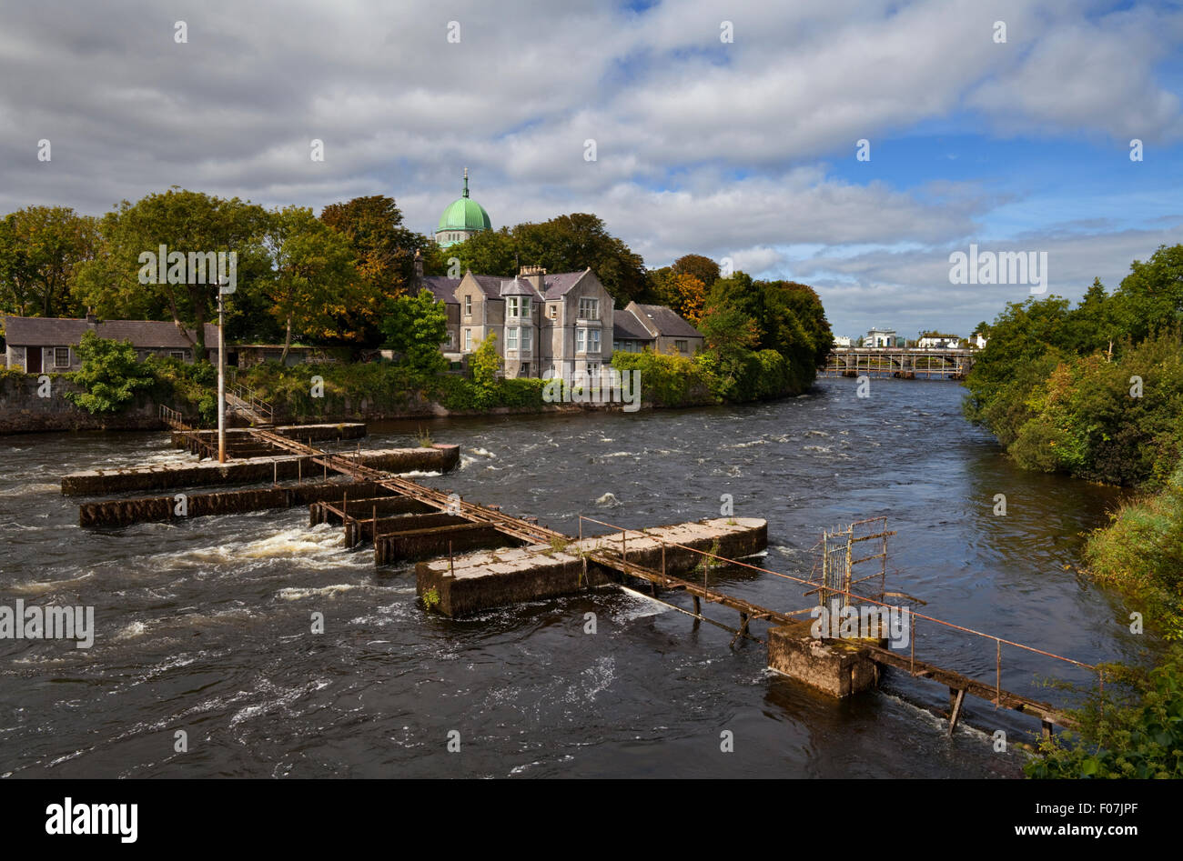 Il Salmone Weir sul fiume Corrib, città di Galway, Irlanda Foto Stock