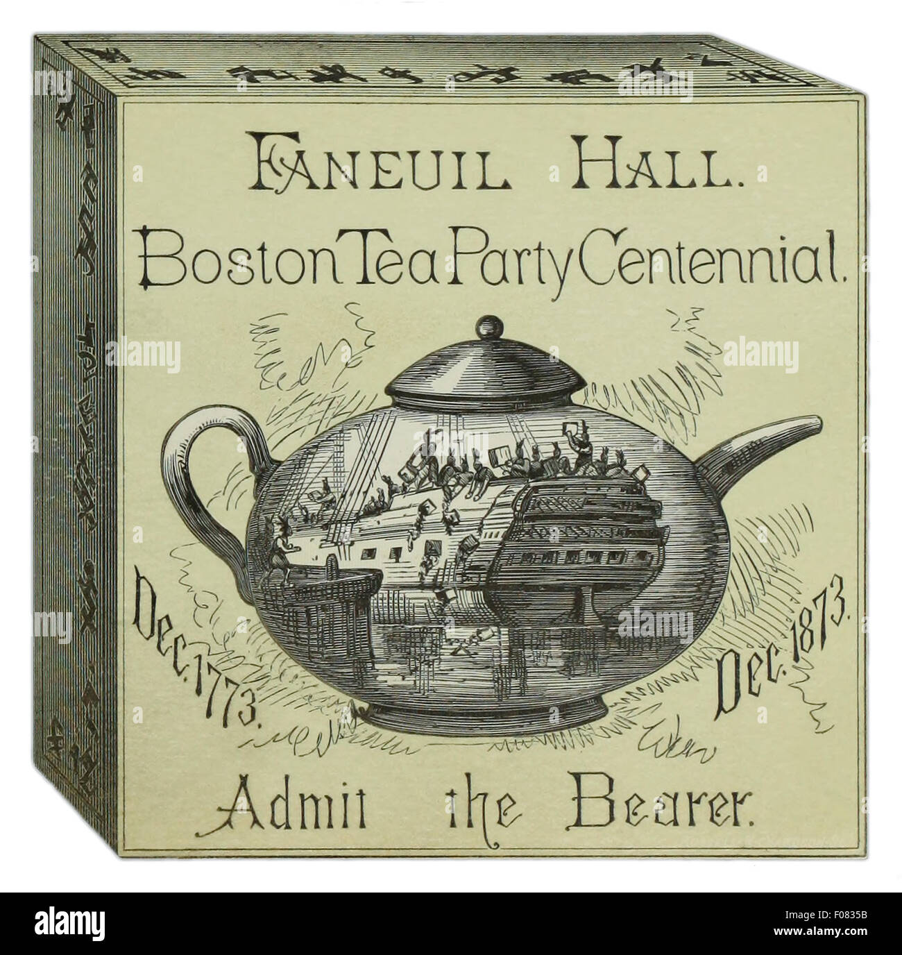 Biglietto per il "Boston Tea Party Centennial' celebrazione che si tiene a Faneuil Hall, Boston Dicembre 1873. Questa celebrazione del 100° anniversario del Boston Tea Party dove i figli della libertà di Boston ha distrutto un intero spedizione di tè sul dicembre 16, 1773 in segno di protesta del tè di legge adottata nel maggio 1773. Foto Stock