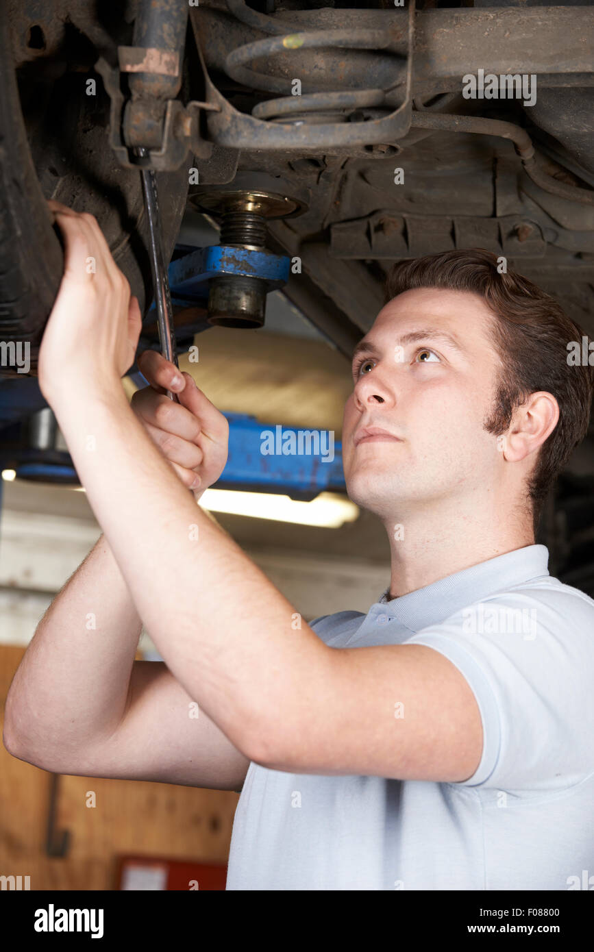 Lavoro meccanico sulla ruota sotto l'auto Foto Stock