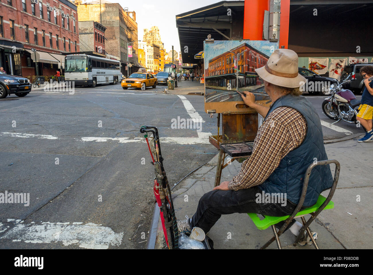 New York City, USA, Street Scenes, Meat Packing District, Street Artist, Dipingi la scena della città all'incrocio, Building New York Neighborhood Foto Stock