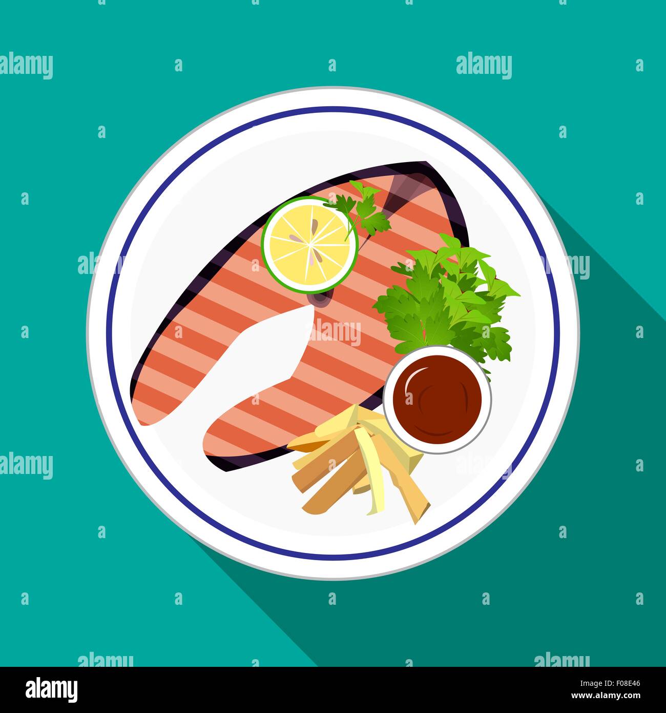 Impostare il salmone grigliato bistecca con il limone Illustrazione Vettoriale