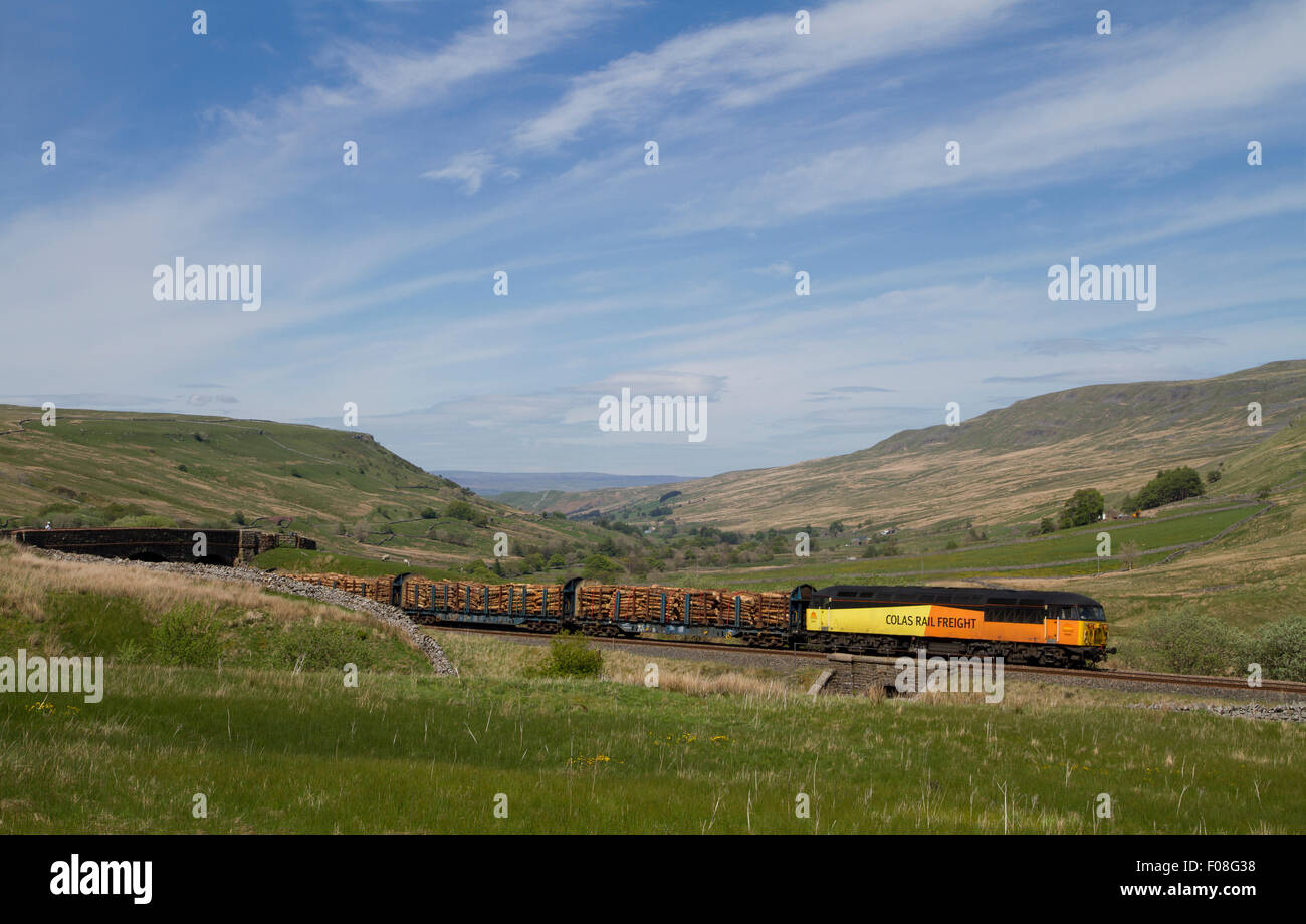 56087 lavorando un treno merci caricate con i registri passato Ais Gill. Il 17 maggio 2014. Foto Stock