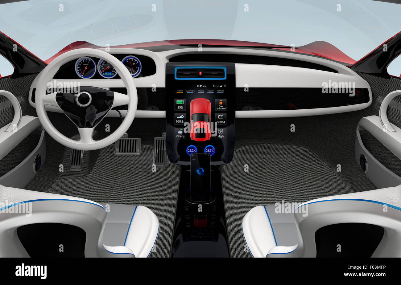 Il futuristico veicolo elettrico cruscotto e interior design. 3D rendering immagine con percorso di clipping. Foto Stock