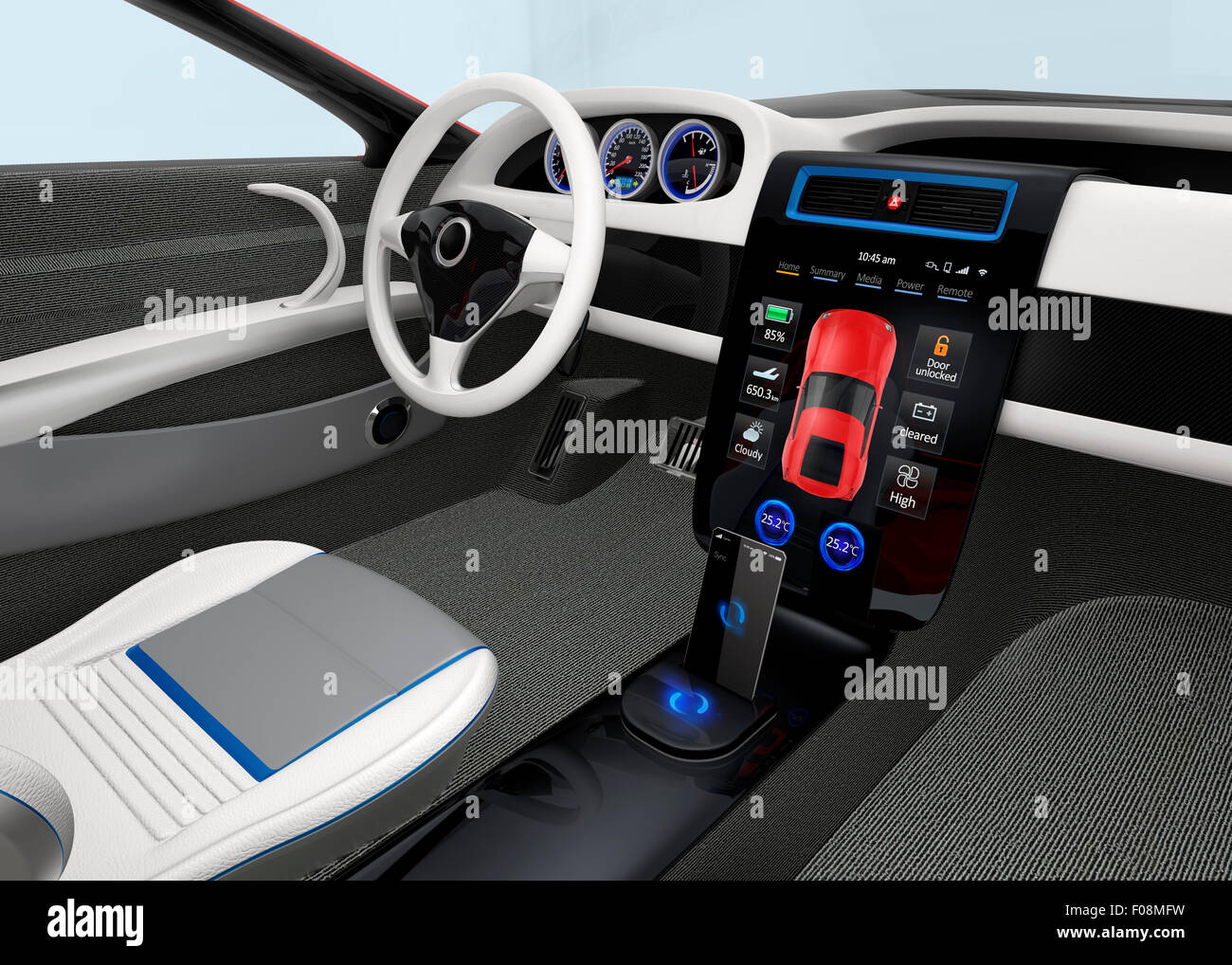 Il futuristico veicolo elettrico cruscotto e interior design. 3D rendering immagine con percorso di clipping. Foto Stock