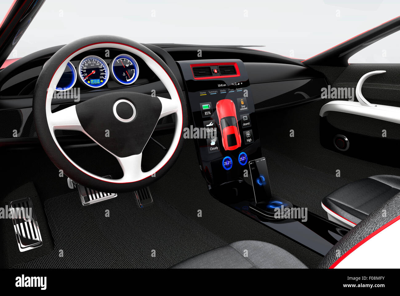 Il futuristico veicolo elettrico cruscotto e interior design. 3D rendering immagine con percorso di clipping. Foto Stock