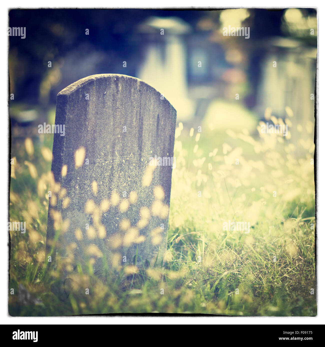 Oggetto contrassegnato per la rimozione definitiva e tombe in un antica chiesa cimitero con Instagram stile effetto filtro Foto Stock