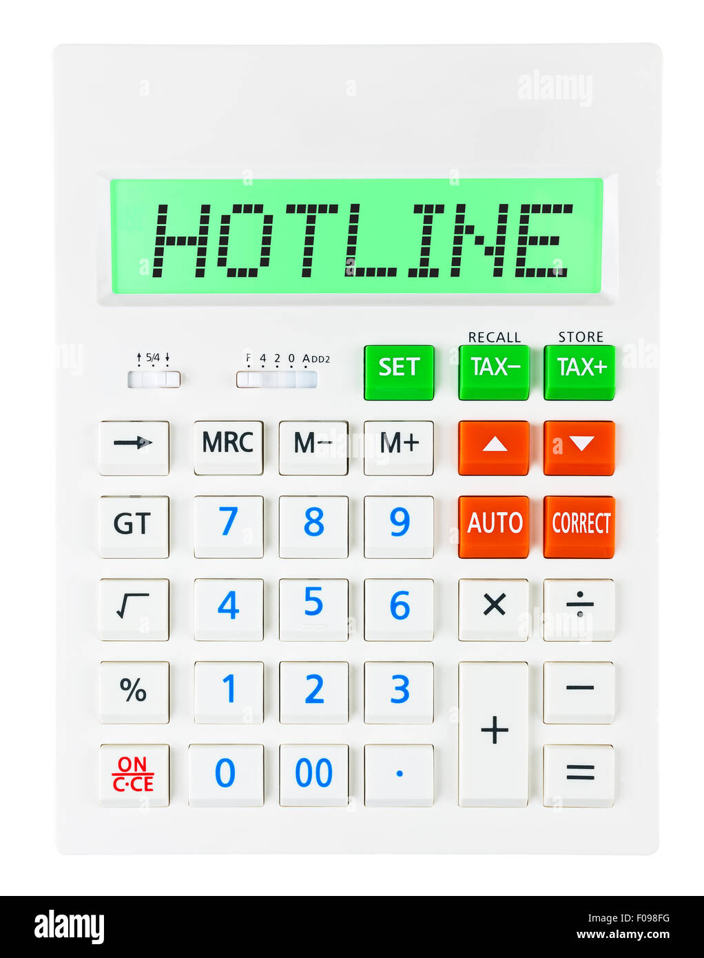 Calcolatrice con la hotline sul display isolati su sfondo bianco Foto Stock