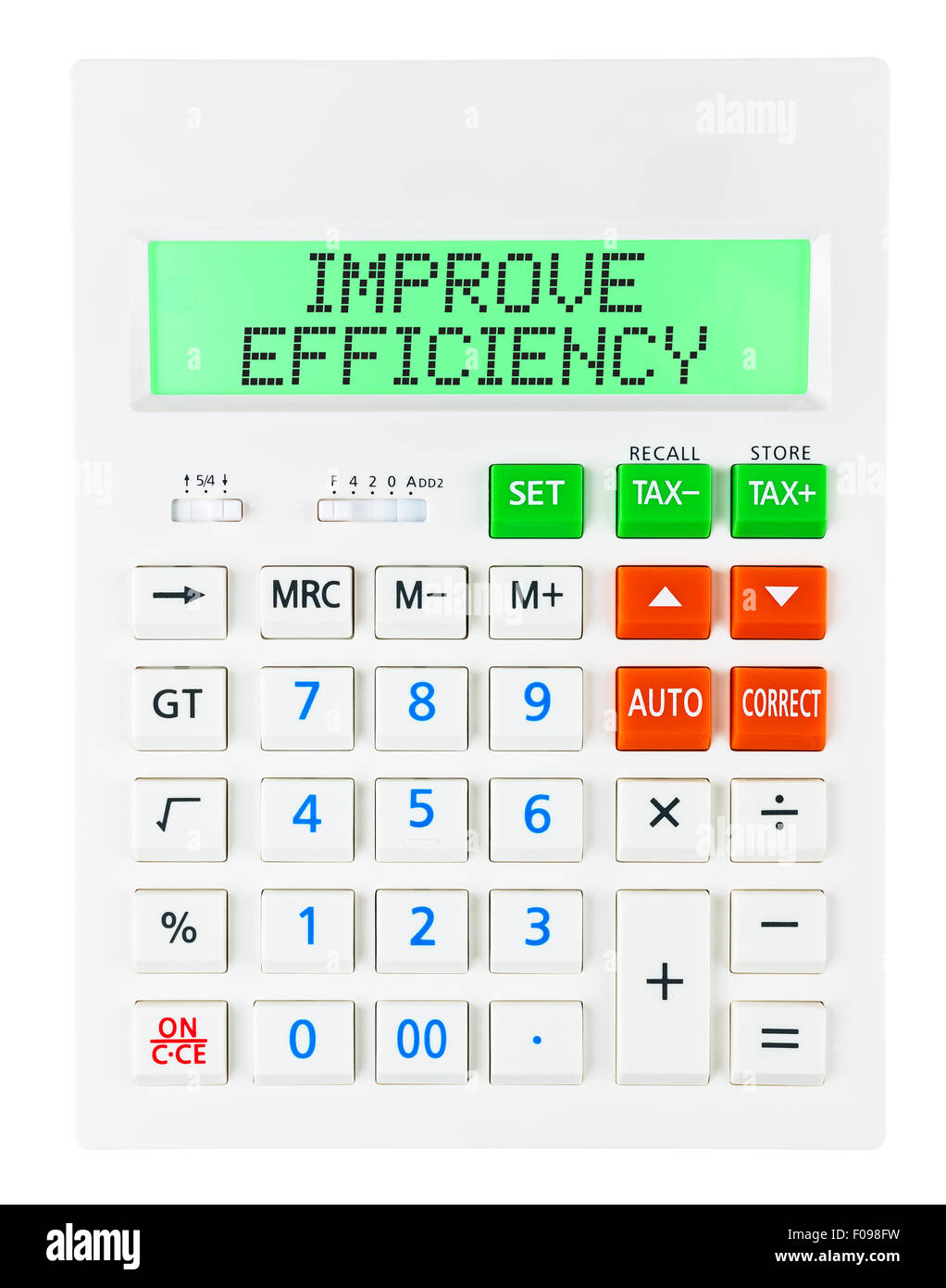 Calcolatrice con migliorare efficienza sul display isolati su sfondo bianco Foto Stock