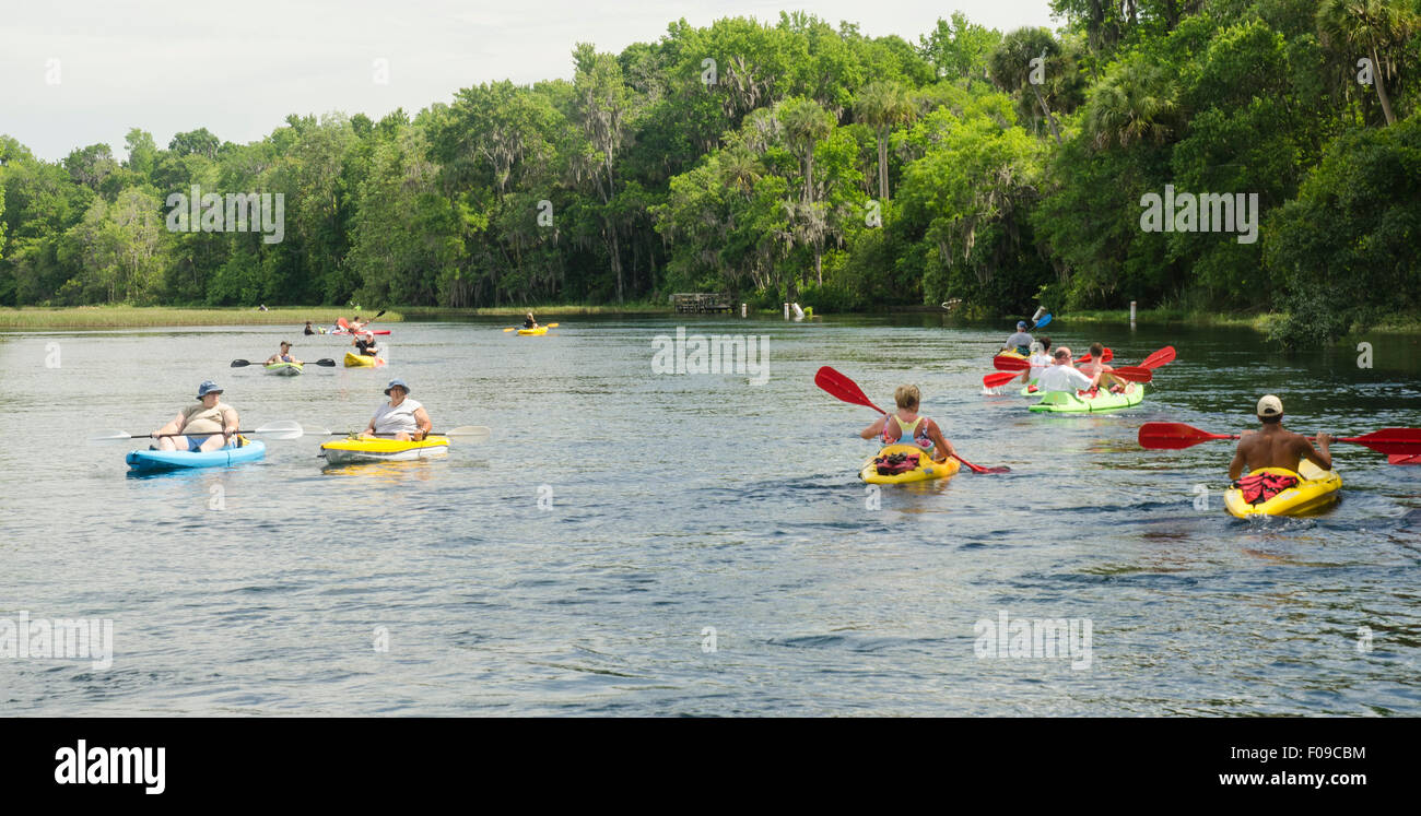 Canoisti sul fiume Arcobaleno primaverile, Dunnellon Florida. Foto Stock