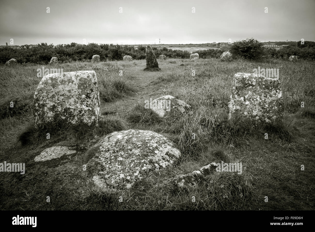 Boscawen-Un Età del Bronzo Stone Circle in Penwith, Cornwall, Regno Unito Foto Stock