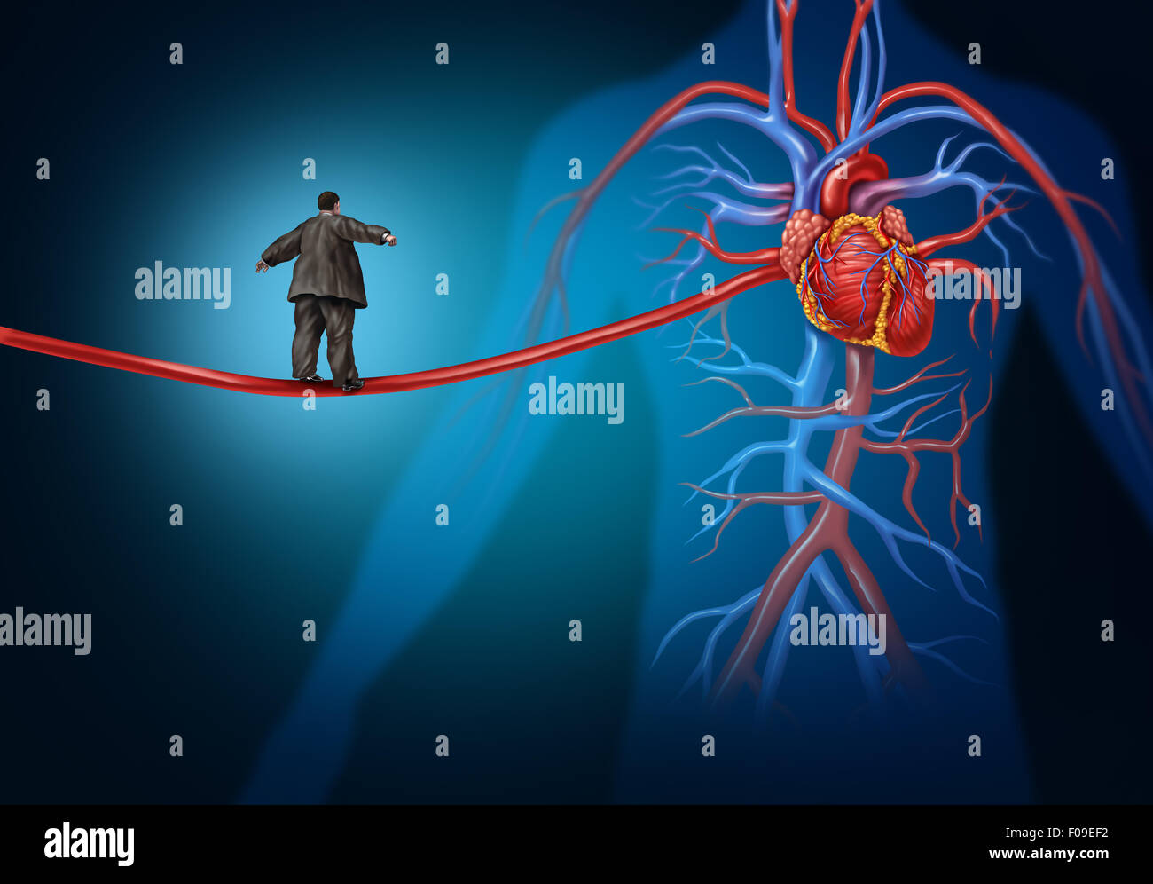 I fattori di rischio per la malattia di cuore pericolo come un medico di cura di salute il concetto di stile di vita con una persona in sovrappeso a camminare su una arteria allungato highwire come un simbolo per la malattia coronarica o pericolo di pressione del sangue alta. Foto Stock