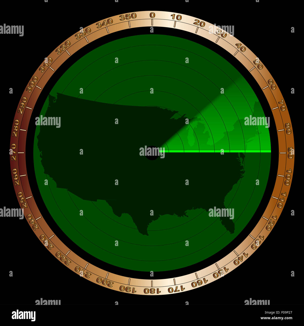 Lo schermo di un tipico dispositivo radar in verde con graduazioni e una mappa degli Stati Uniti d'America Foto Stock