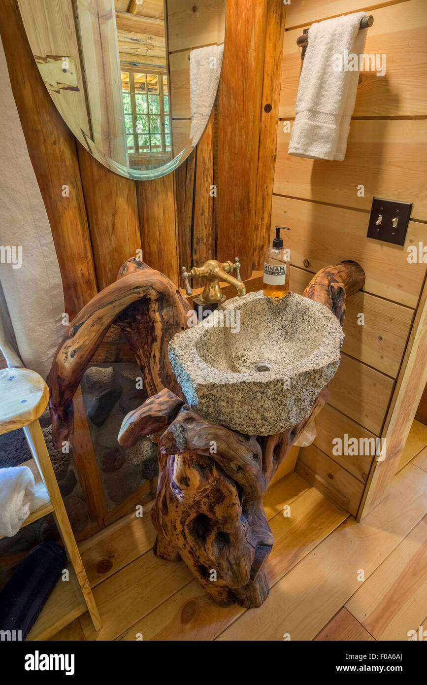 Bagno artistico di un log cabin a Minam River Lodge in Oregon Wallowa della montagna. Foto Stock